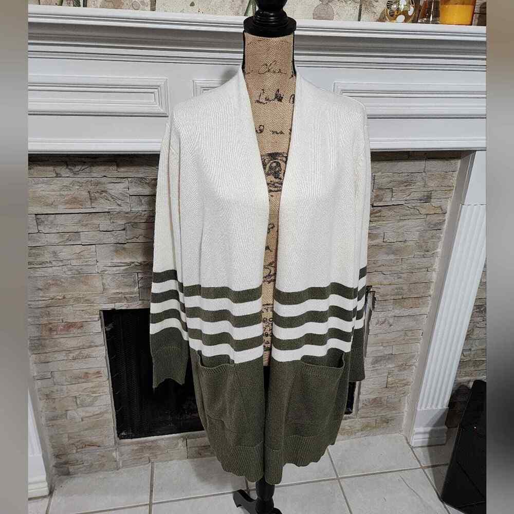 Michael Kors moss Green and White Striped Duster Length Cardigan Sweater Size XL